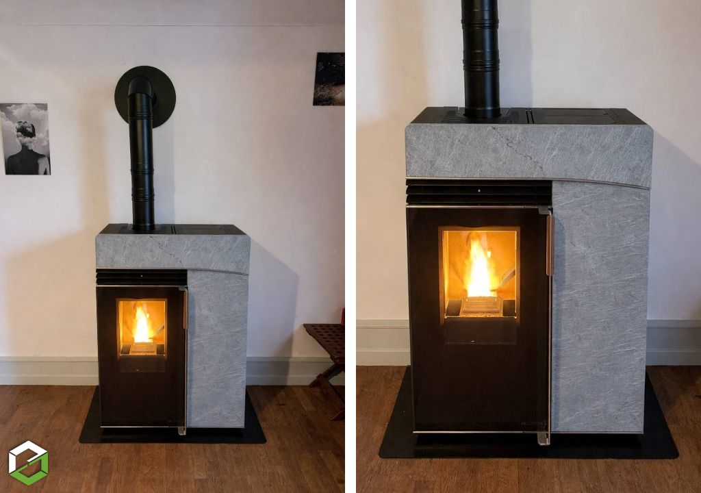 Consultez la chantier : installation poêle à pellets hoben h6 horizon finition pierre par un artisan certifié rge qualibois