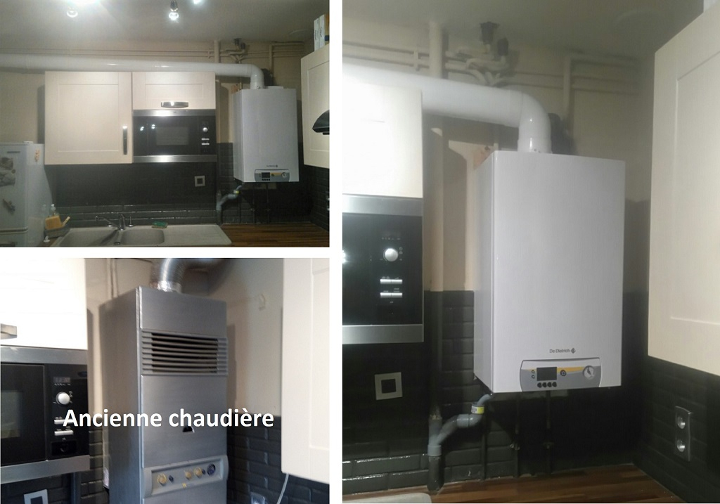 Consultez la chantier : remplacement vieille chaudière gaz + conduit de fumée par chaudière gaz condensation
