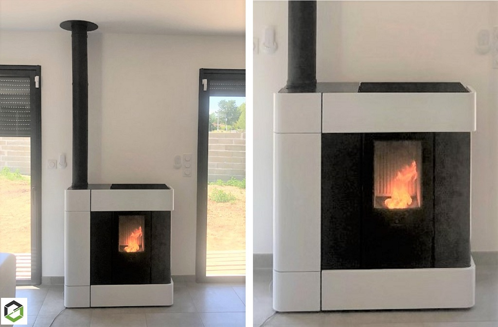Pose d'un poêle à granulés étanche extra plat sortie dessus dans une maison RT 2012-Gironde (33)
