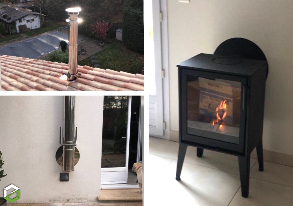 Installateur de poêle à bois contura 210 et d'un conduit inox isolé en extérieur pour compléter la PAC 
