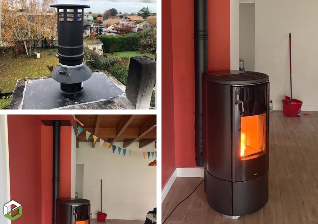 Installation d’un poêle à granulés Nobis Round A10V avec conduit concentrique double flux