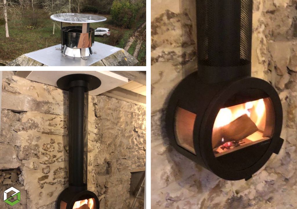 Remplacement d’une cheminée en pierre par un poêle suspendu Nordpeis Me Ceiling