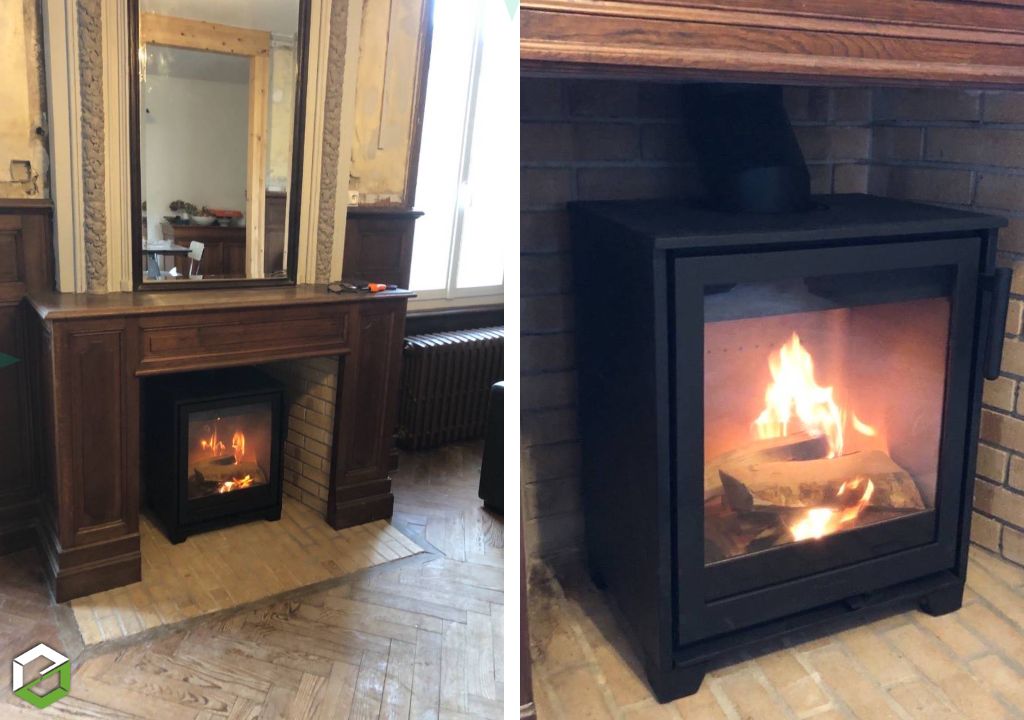Installation d’un poêle à bois Contura 210 avec arrivée d’air frais et finition sur mesure 