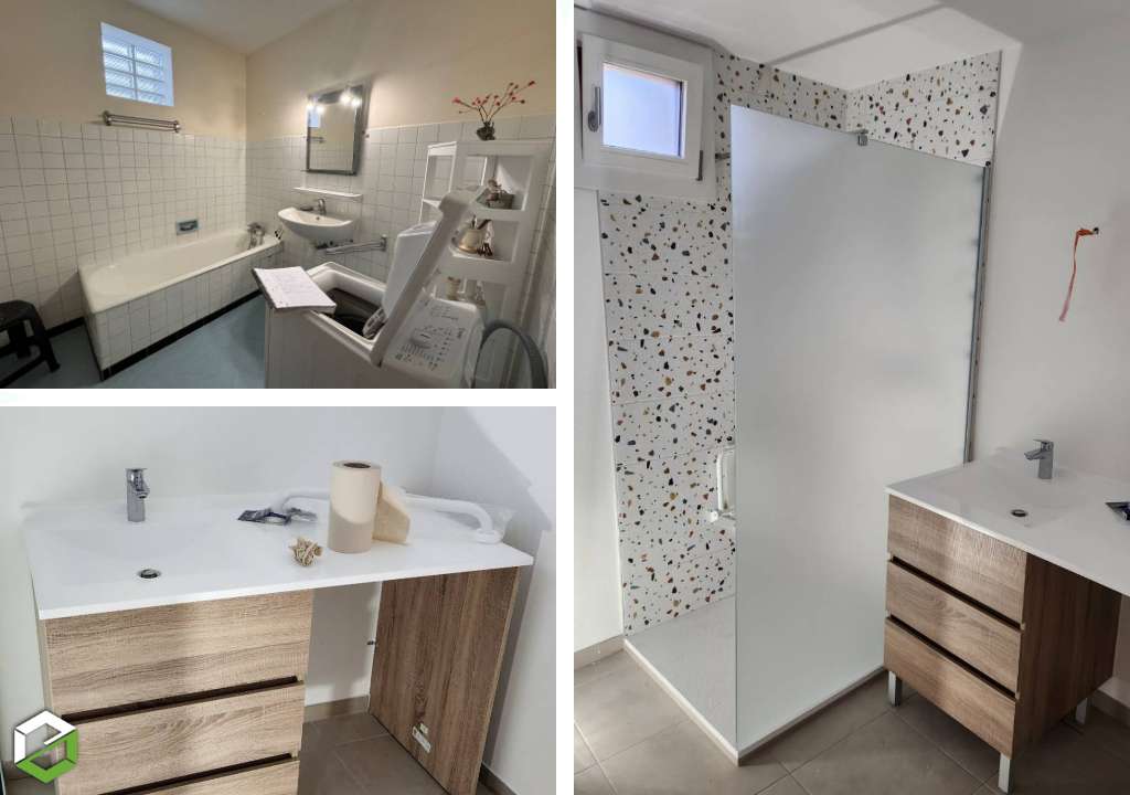 Consultez la chantier : rénovation complète d’une salle de bain - remplacement d'une baignoire par une douche aménagée