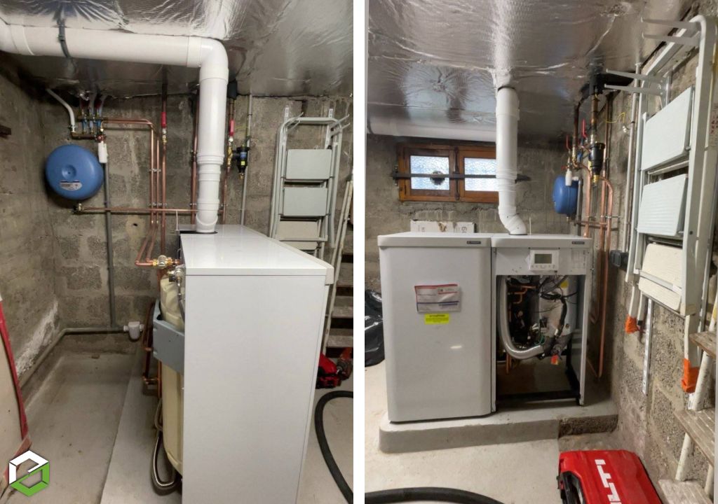 Installation d’une chaudière à gaz condensation Frisquet Prestige avec préparateur ECS Upec 120L