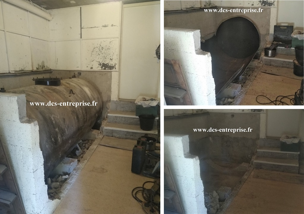 Consultez la chantier : dégazage, nettoyage puis retrait par découpage d'une cuve fioul de 3000 litres