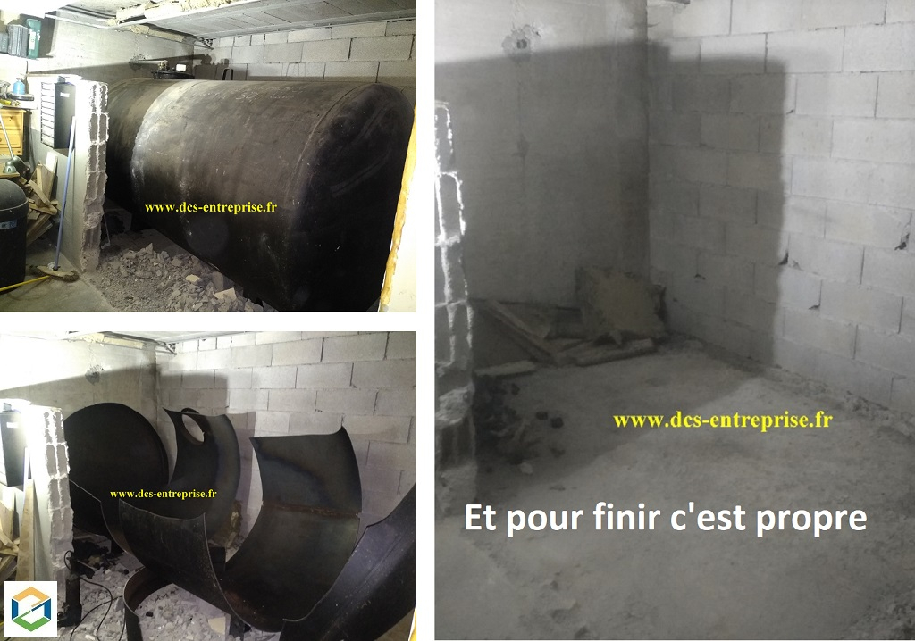 Consultez la chantier : retrait d'une cuve à fuel de 5000 litres après avoir été dégazée, nettoyée et découpée