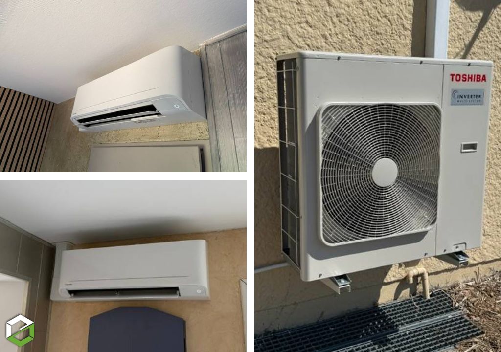 Pose d'une pompe à chaleur air-air réversible Toshiba Tri-split consoles R32