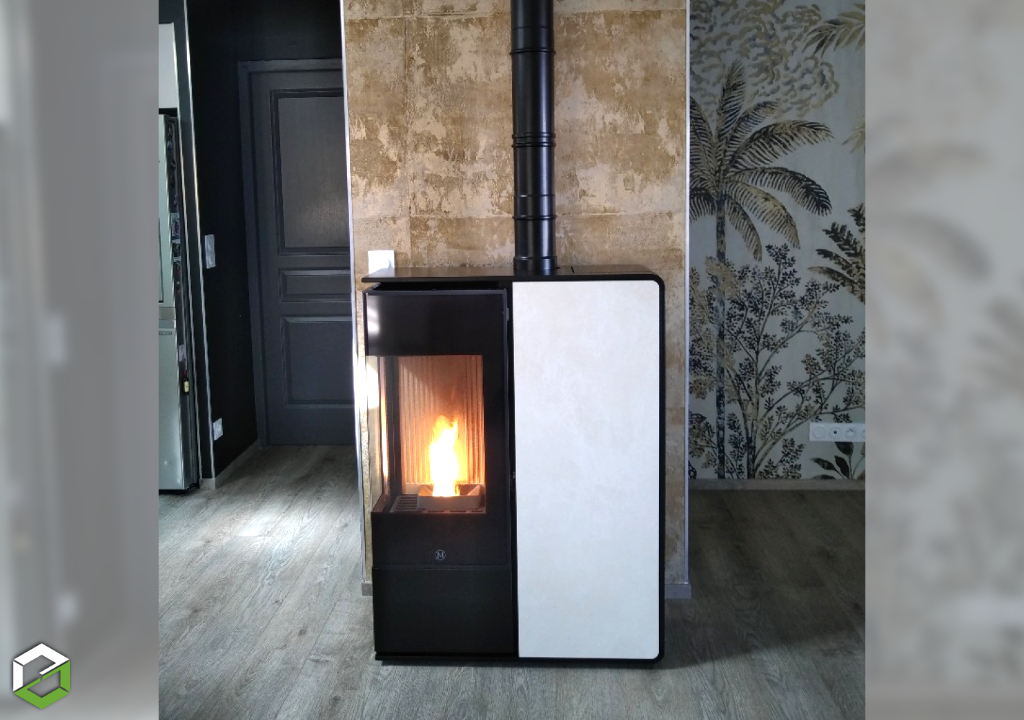 Consultez la chantier : installation d'un poêle à granulés de bois jm modèle i-dea 2 angles