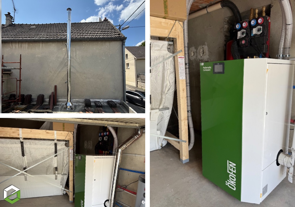 Installation d’une chaudière à granulés de bois avec son silo et son conduit de fumée 
