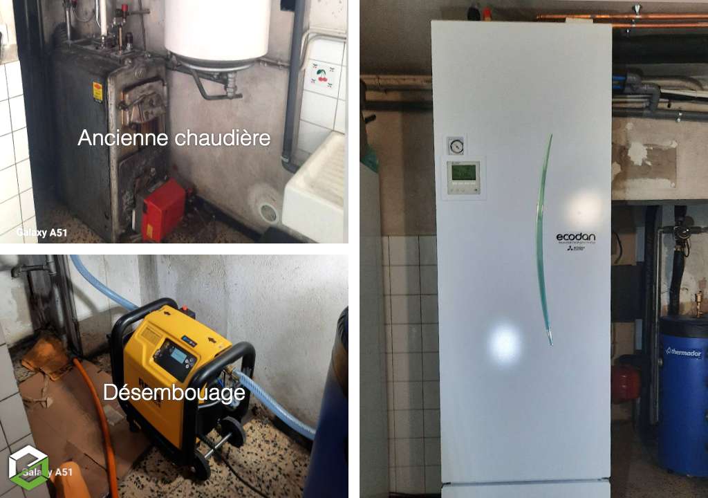 Remplacement chaudière fioul par pompe à chaleur Mitsubishi Electric et désembouage entreprise rge qualipac
