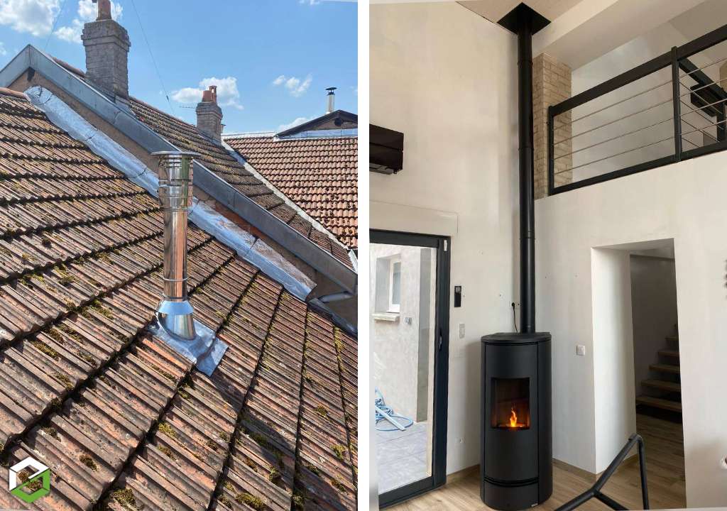 Consultez la chantier : installation d'un poêle à granulés de bois étanche piazzetta p930t dans une maison en rénovation