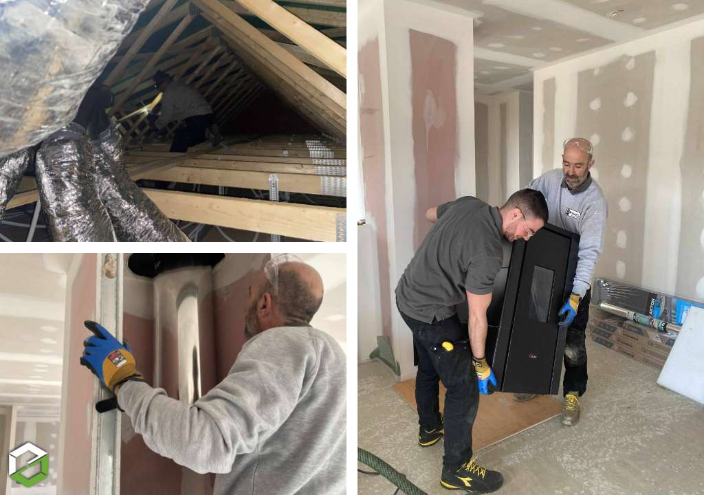 Installation d'un poêle à granulés Cadel et distribution d'air chaud - RGE Qualibois