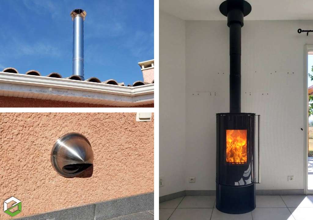 Installation d'un poêle à bois AMBER de forme ronde de la marque Solzaïma - RGE Qualibois 