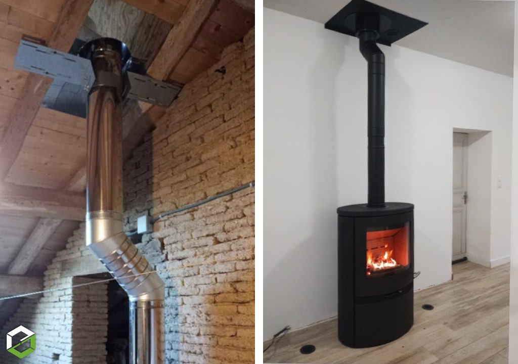 Consultez la chantier : installation d'un poêle à bois termatech tt22hs habillage pierre noire pour des bûches en 50cm - rge qualibois