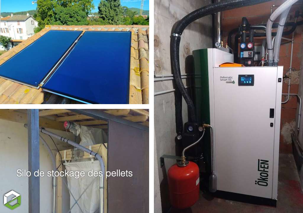 Installation d'une chaudière à granulés de bois à condensation avec panneaux solaires Okofen - Entreprise RGE Qualibois & Qualisol