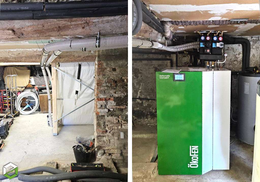 installation d'une chaudière à granulés Ökofen compact avec silo automatique et régulation pelletronic touch
