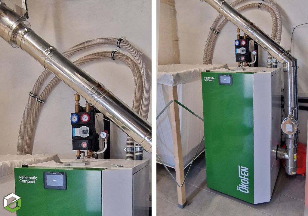 installation d'une chaudière à granulés Ökofen compact avec silo automatique et régulation pelletronic touch