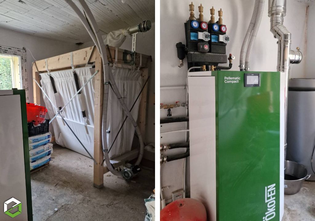 installation d'une chaudière à granulés Ökofen compact avec silo automatique et régulation pelletronic touch