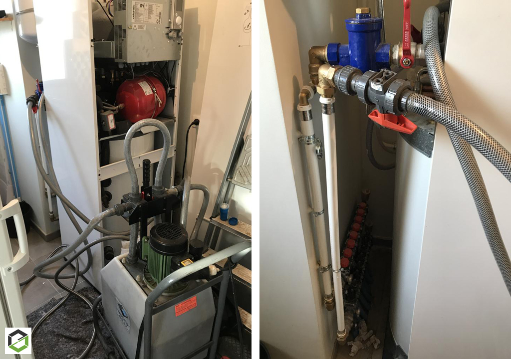 nettoyage et désembouage d’un plancher chauffant sur une pompe à chaleur air/eau atlantic