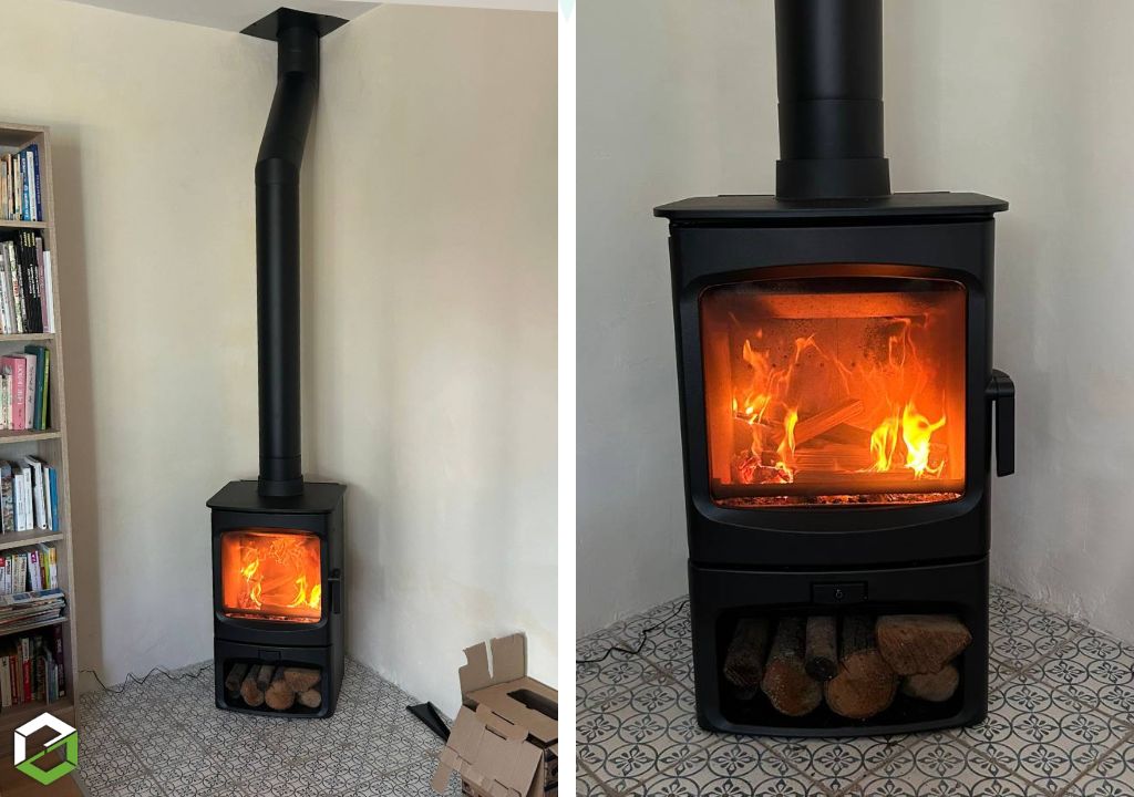 Consultez la chantier : pose d'un poêle à bois connecté charnwood d'une puissance de 5 kw