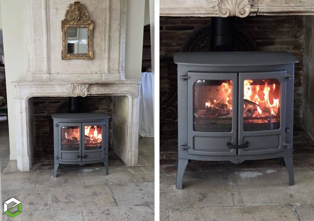 pose d'un poêle à bois charnwood d'une puissance de 11 kw et avec des bûches de 55 cm