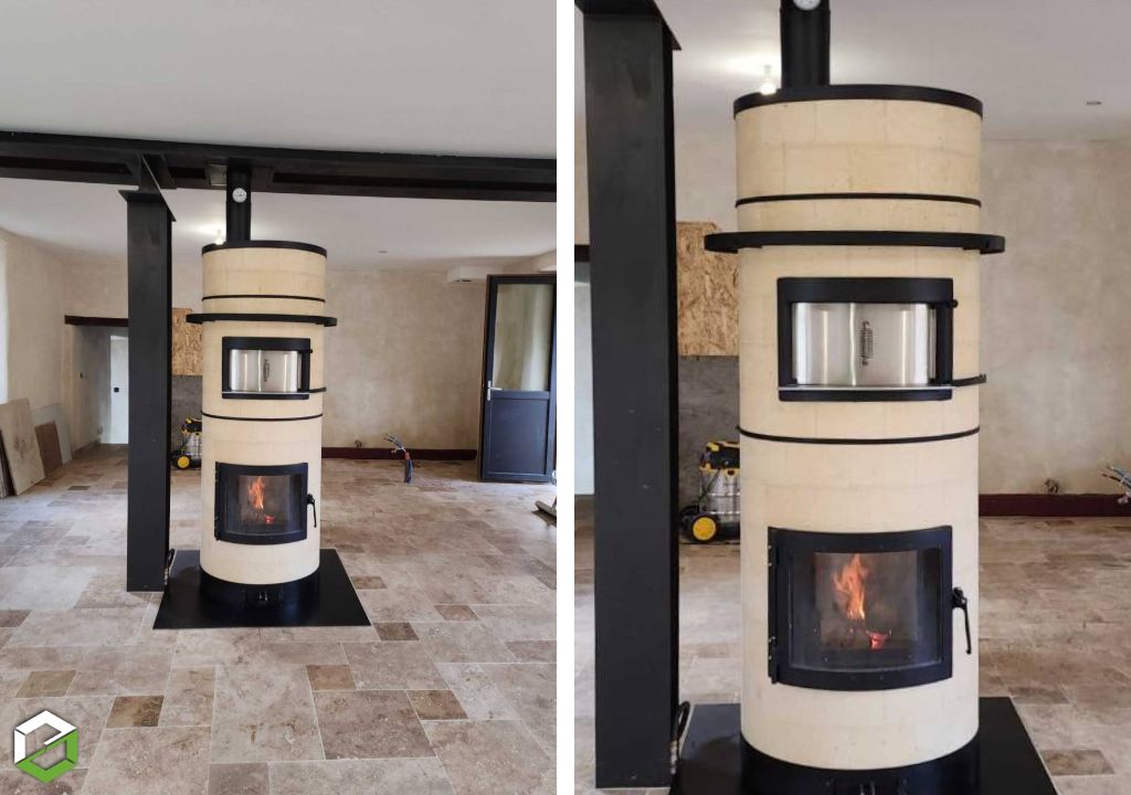 Installation d'un poêle de masse à bois Mélèze - Artisan certifié RGE QualiBois