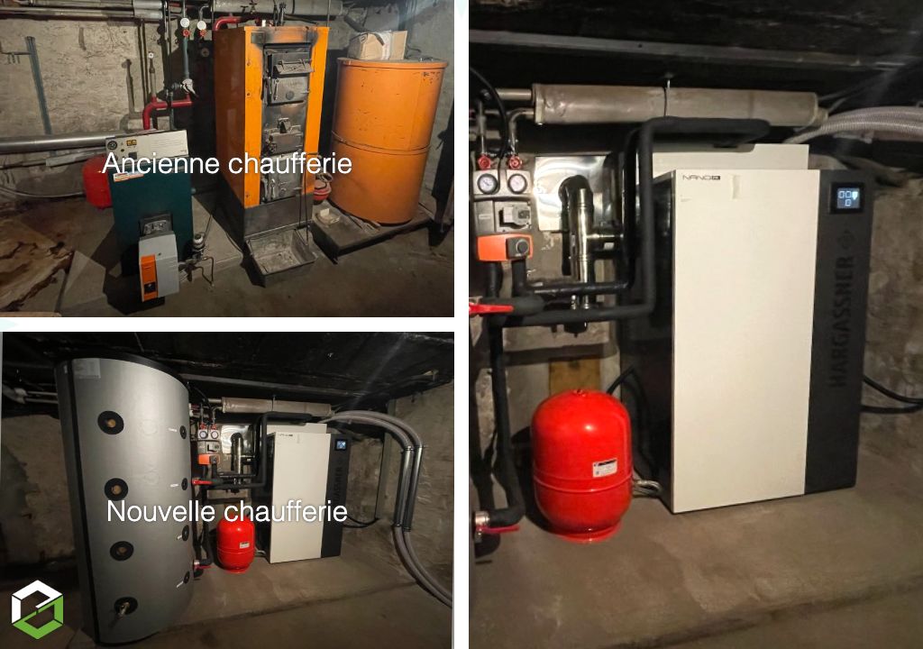 Remplacement d'une chaudière fioul/copeaux de bois MORVAN par une chaudière à granulés de bois Hargassner Nano PK25 - Entreprise RGE Qualibois