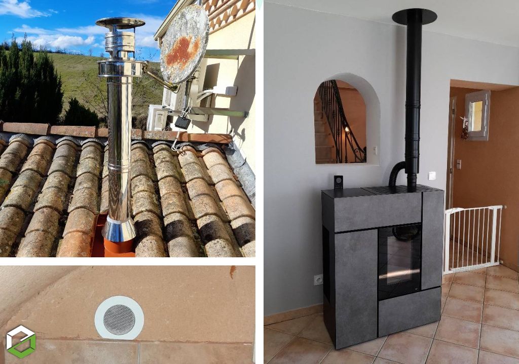 Ets Cheminées Larquey : installation poêles à granulés plat Mcz Feel canalisable en complémént d'une pompe à chaleur