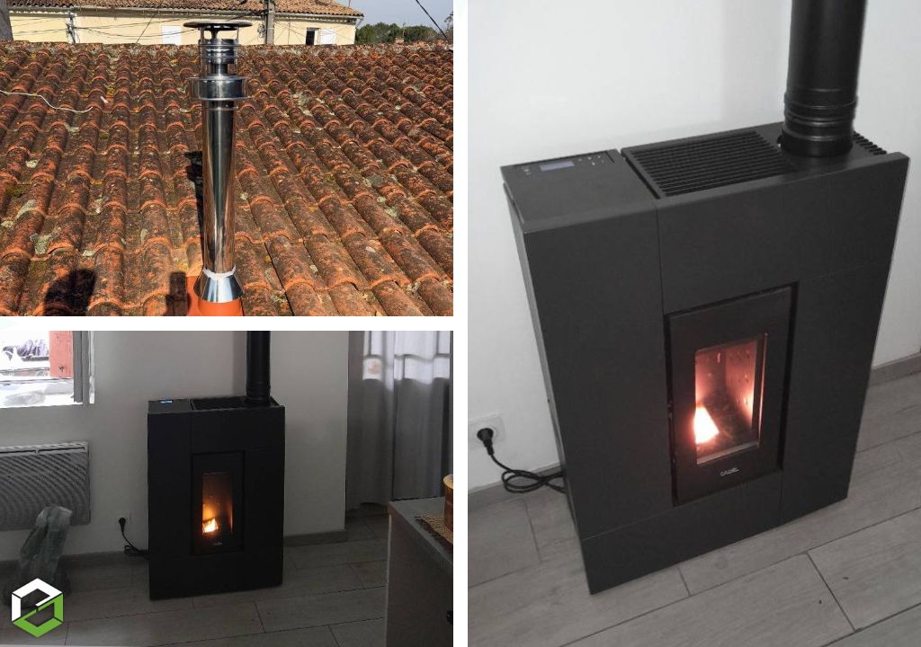 Ets Cheminées Larquey :  Installation d'un poêle à granulés plat avec ses tuyaux - Entreprise RGE