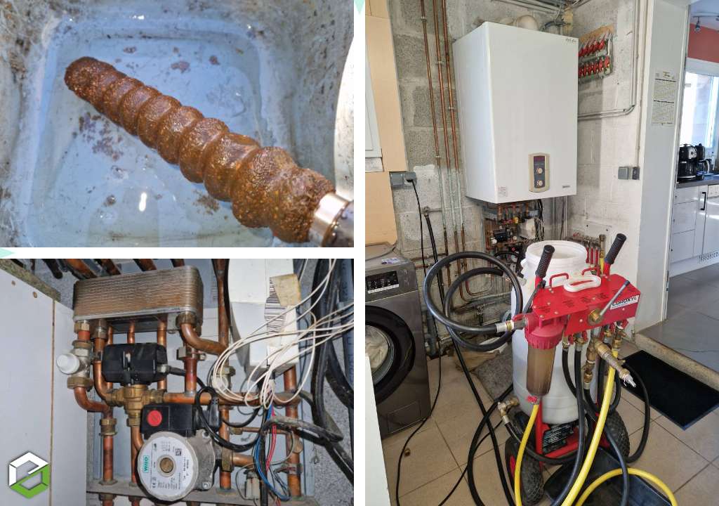 Consultez la chantier : désembouage circuit plancher chauffant et circuit radiateurs qui lui ne chauffent que partiellement