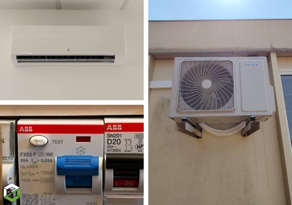 Pose d'une climatisation d'une salle de classe dans un préfabriqué 