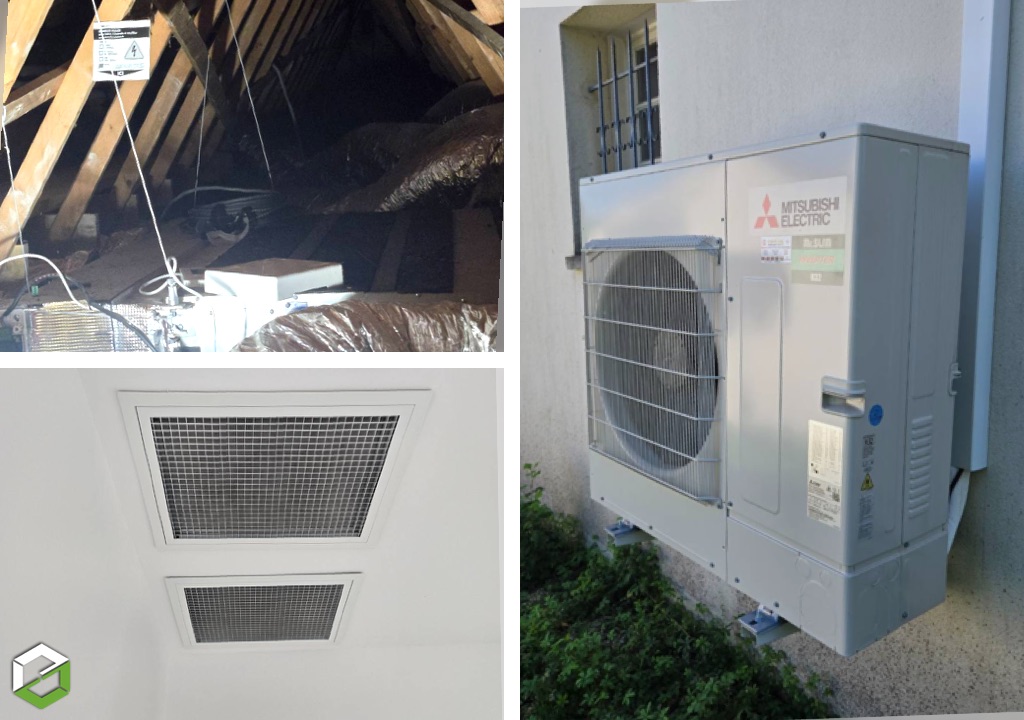 Installation d'un gainable réversible Mitsubishi Electric équipé Airzone, spécialiste Climatisation. 