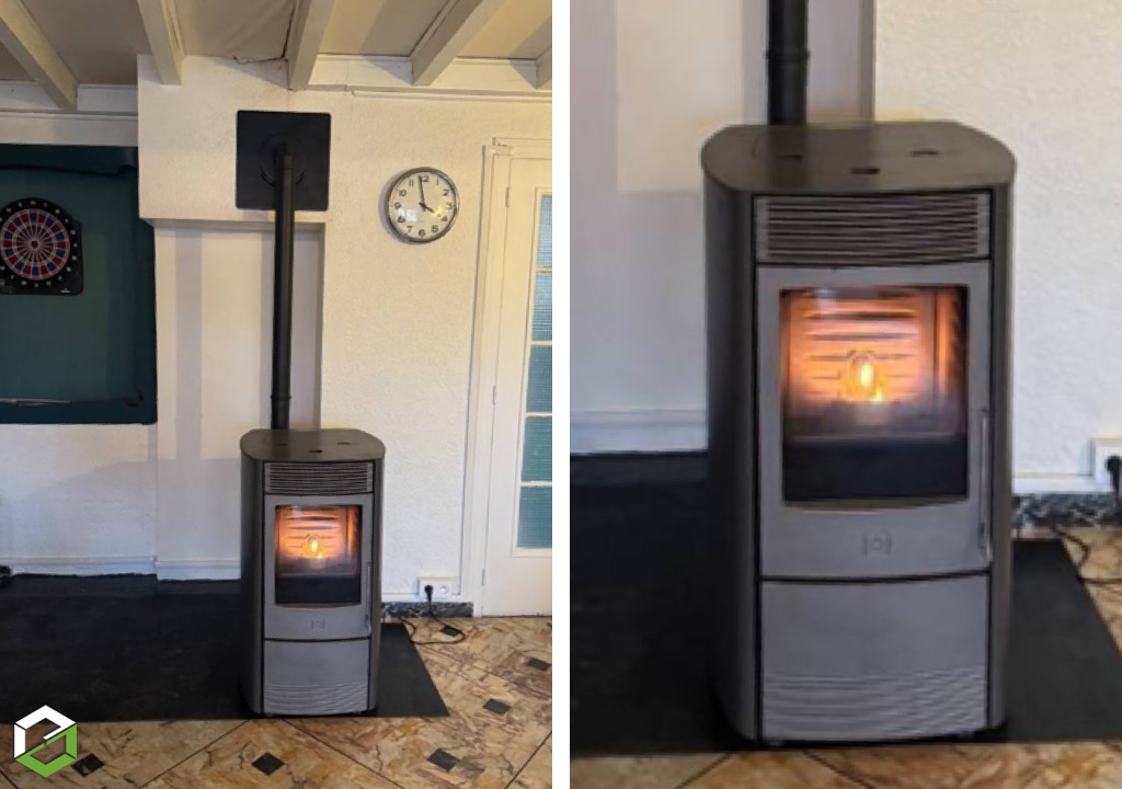 Installation d'un poêle à granulés de bois Edilkamin avec ramonage et tubage du conduit
