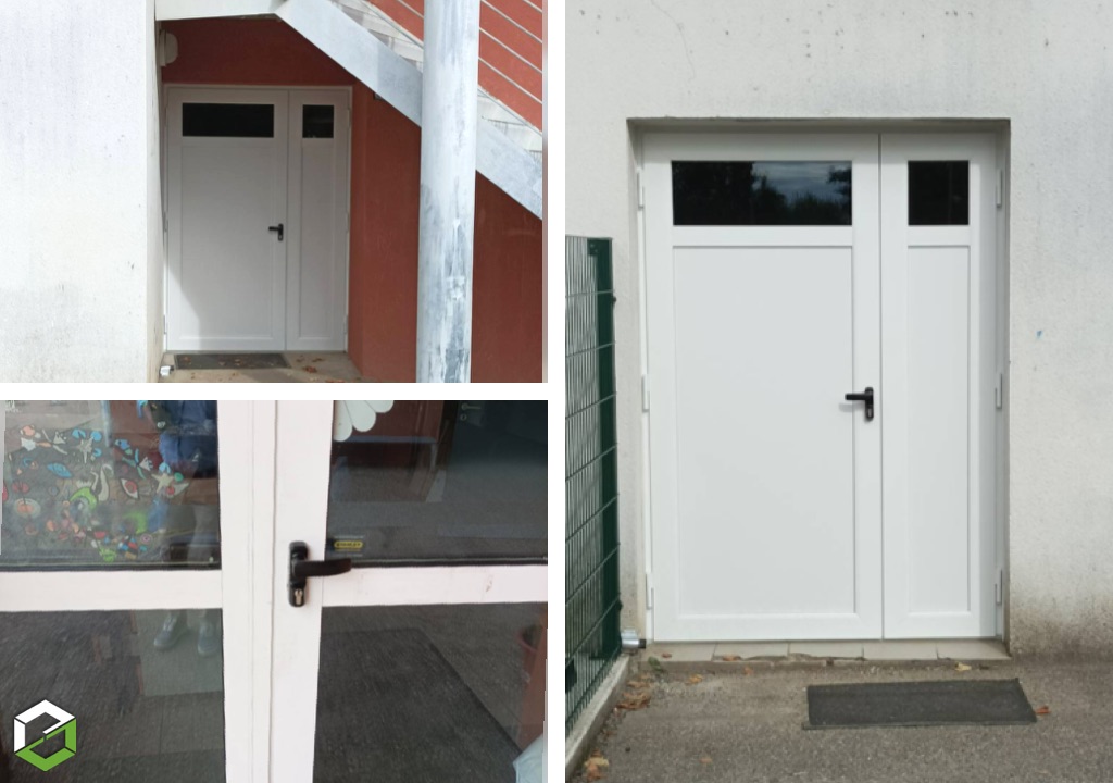 Ets Motard - Menuiserie Agenaise : Installation de portes de service en PVC dans un  bâtiment communal