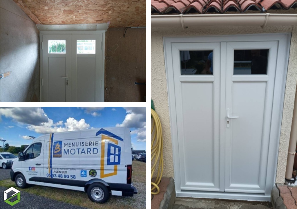 Ets Motard - Menuiserie Agenaise : Pose de porte de service PVC vitrée en partie haute CASTES INDUSTRIES - Réseau LA BOUTIQUE DU MENUISIER