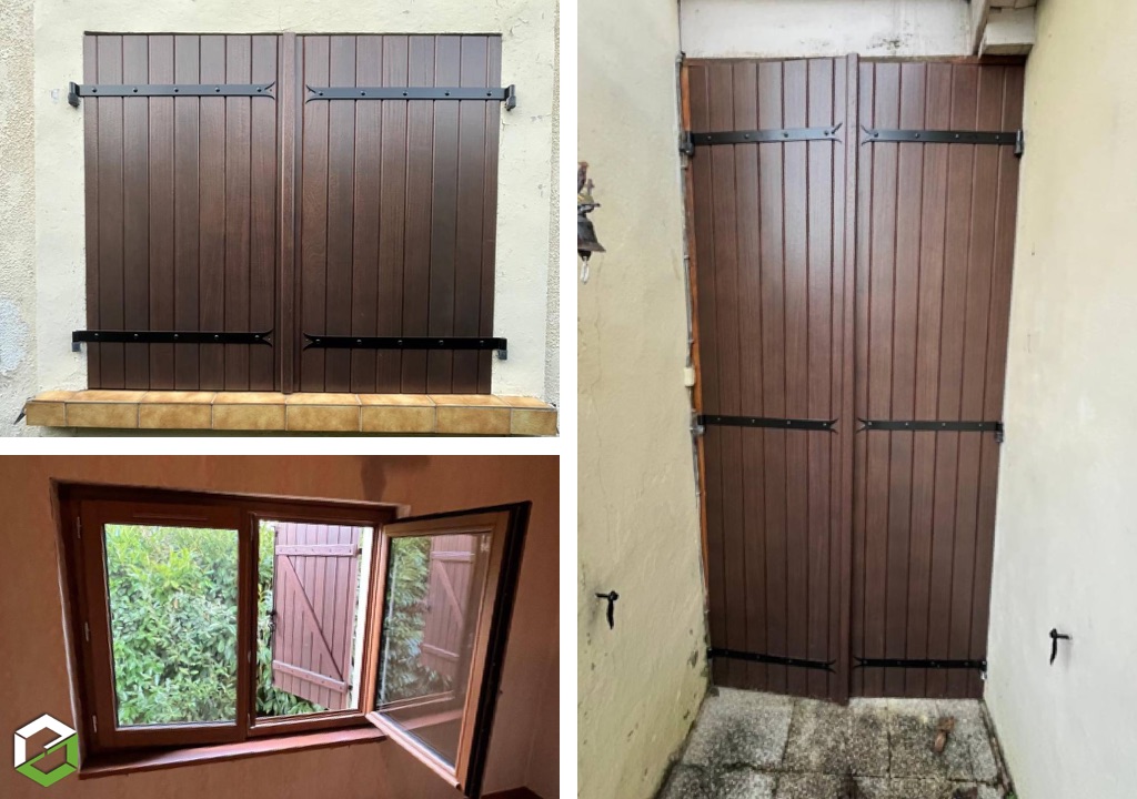 Réalisation de menuiseries en bois exotique avec imposte vitrée et remplacement de volets battants-Lot et Garonne (47)