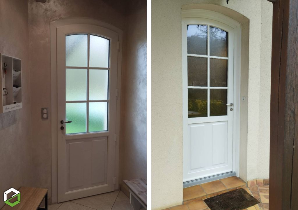 Remplacement de porte d’entrée PVC cintrée avec vitrage décoratif et sécurisant-Tarn et Garonne (82)