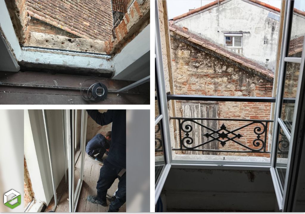rénovation de bâtiment ancien : pose de fenêtres bois et garde-corps alu