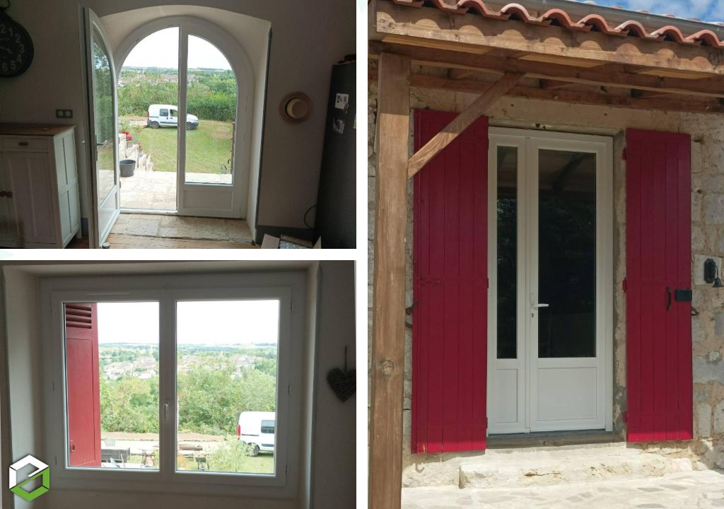 Rénovation porte et fenêtres en pvc blanc sur une bâtisse en pierre style monacale