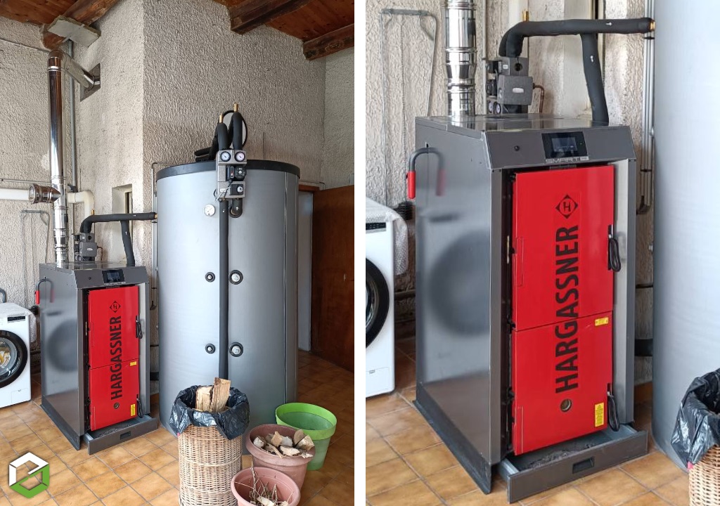 Création chaufferie bois bûches Hargassner en relève de Pompe à chaleur