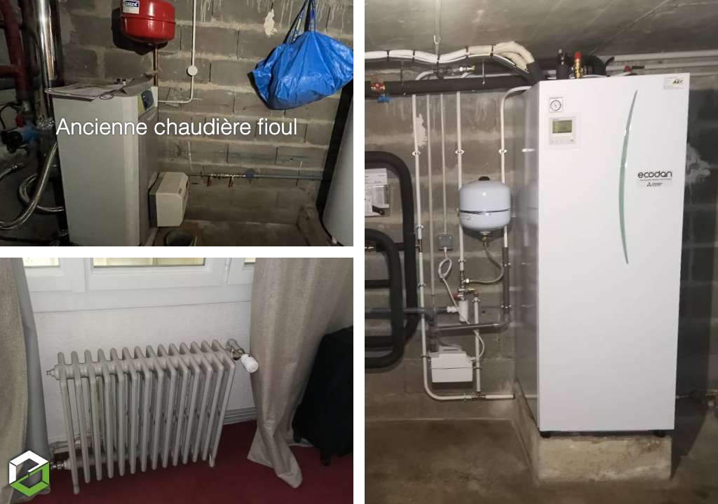 Remplacement d'une chaudière fuel (fioul) par une pompe à chaleur Mitsubishi Electric air/eau - Mise en place de robinets thermostatiques - Entreprise RGE QualiPAC