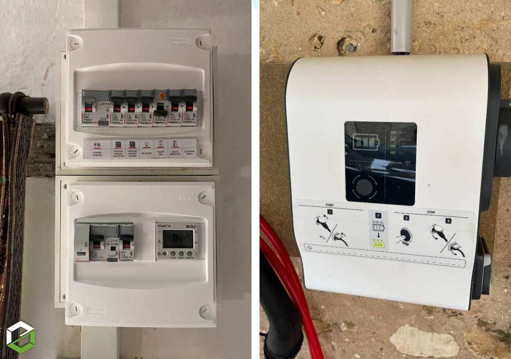 Consultez la chantier : installation d'une borne legrand green'up premium pour recharge d'un véhicule électrique mode 2 et mode 3 près de loches au sud de tours