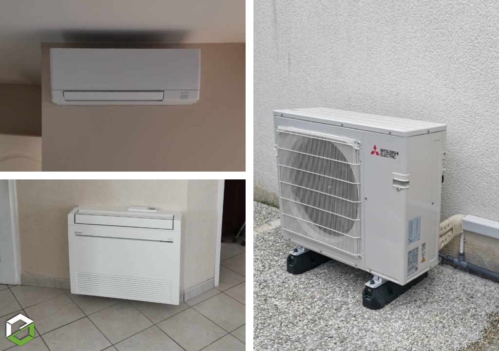 Pose d'une climatisation bi split / Pompe à chaleur air air Mitsubishi Electric (pompe à chaleur aérothermique air/air - Climatisation) à l'Est de Tours - entreprise RGE 