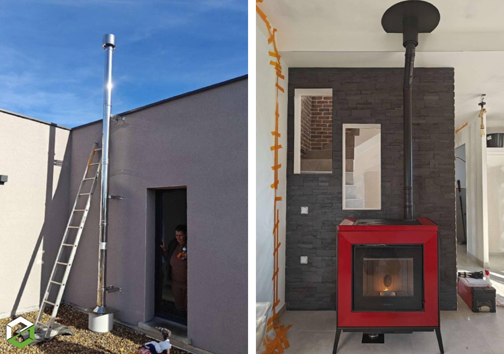 ​Installation d’un poêle à granulés PIAZZETTA LINE – Habillage céramique rouge lave-Jura (39)