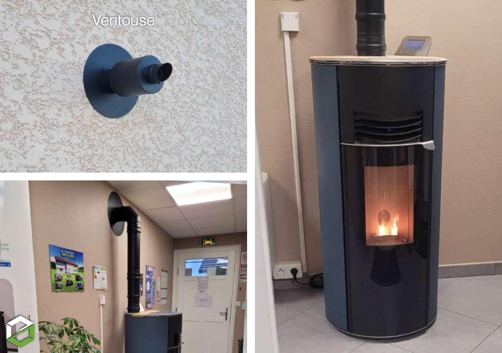 Installation d'un poêle à granulés HOBEN H6 ECLIPSE BLEU WORKSHOP sortie ventouse - SHOWROOM SEGURA - RGE QUALIBOIS