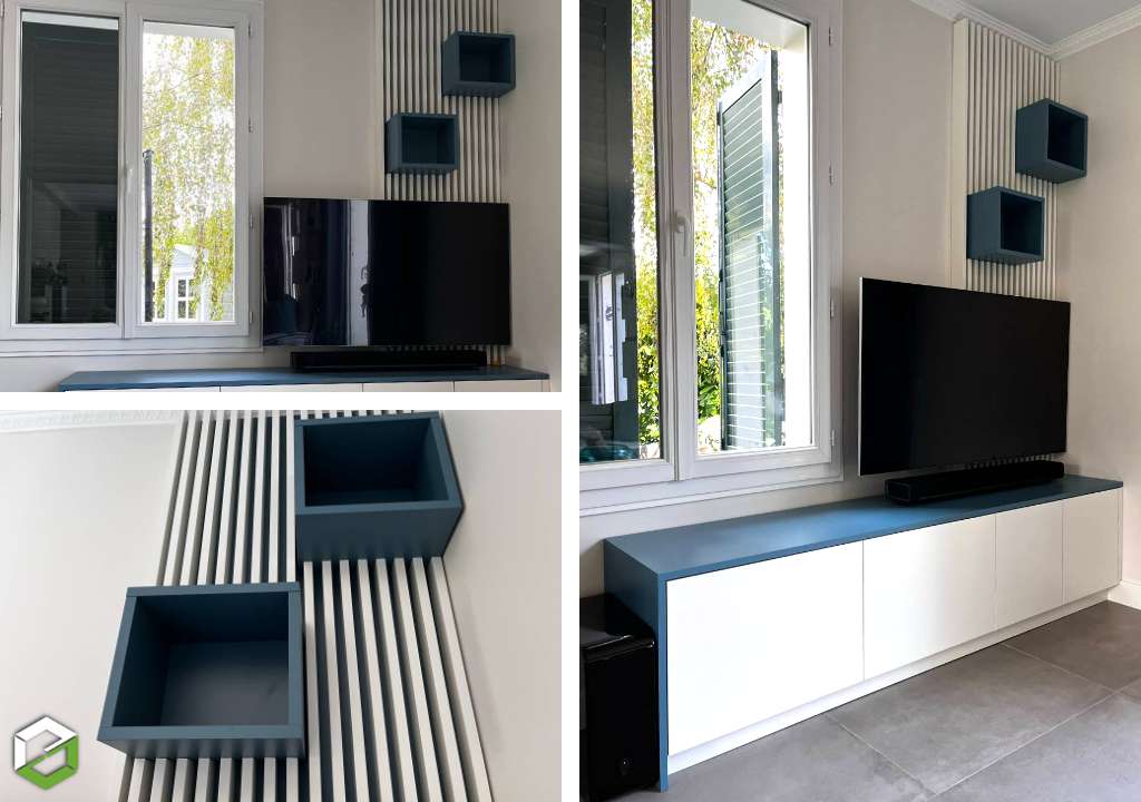 Consultez la chantier : conception et pose d'un claustra et meuble tv sur mesure 