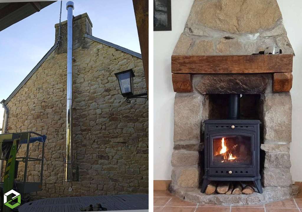 Installation d'un poêle à bois Invicta et création de son conduit de fumée par un artisan RGE QualiBois-Finistère (29)