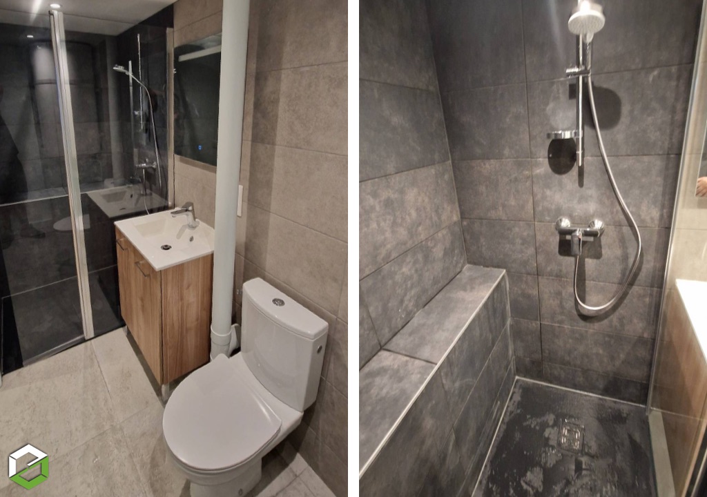 aménagement complet d’un espace sanitaire dans un studio : douche, vasque, wc et chauffe-eau
