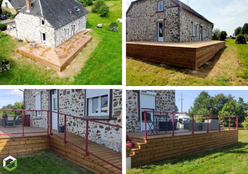 création d'une terrasse en bois avec garde corps et rampa d'accès pmr
